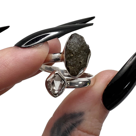 Moldavite + Herkimer Adjustable Ring 10