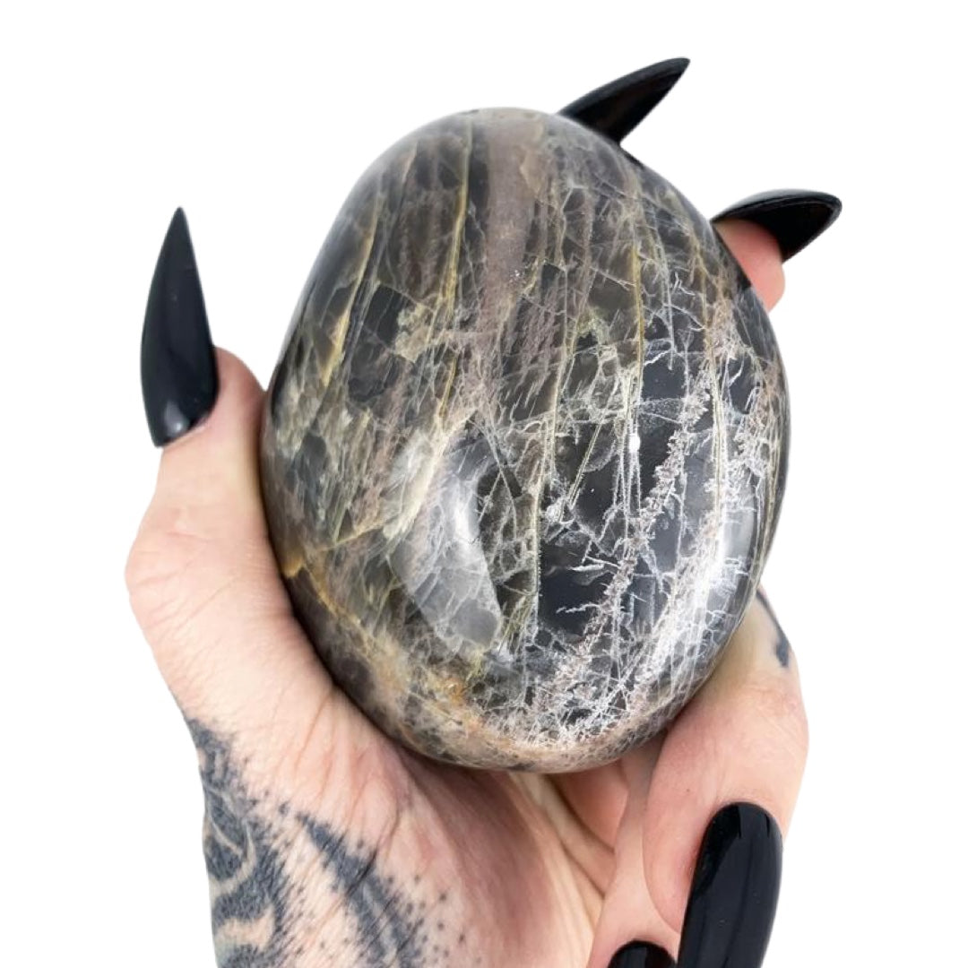 Hecate: Black Moonstone Palm Stone