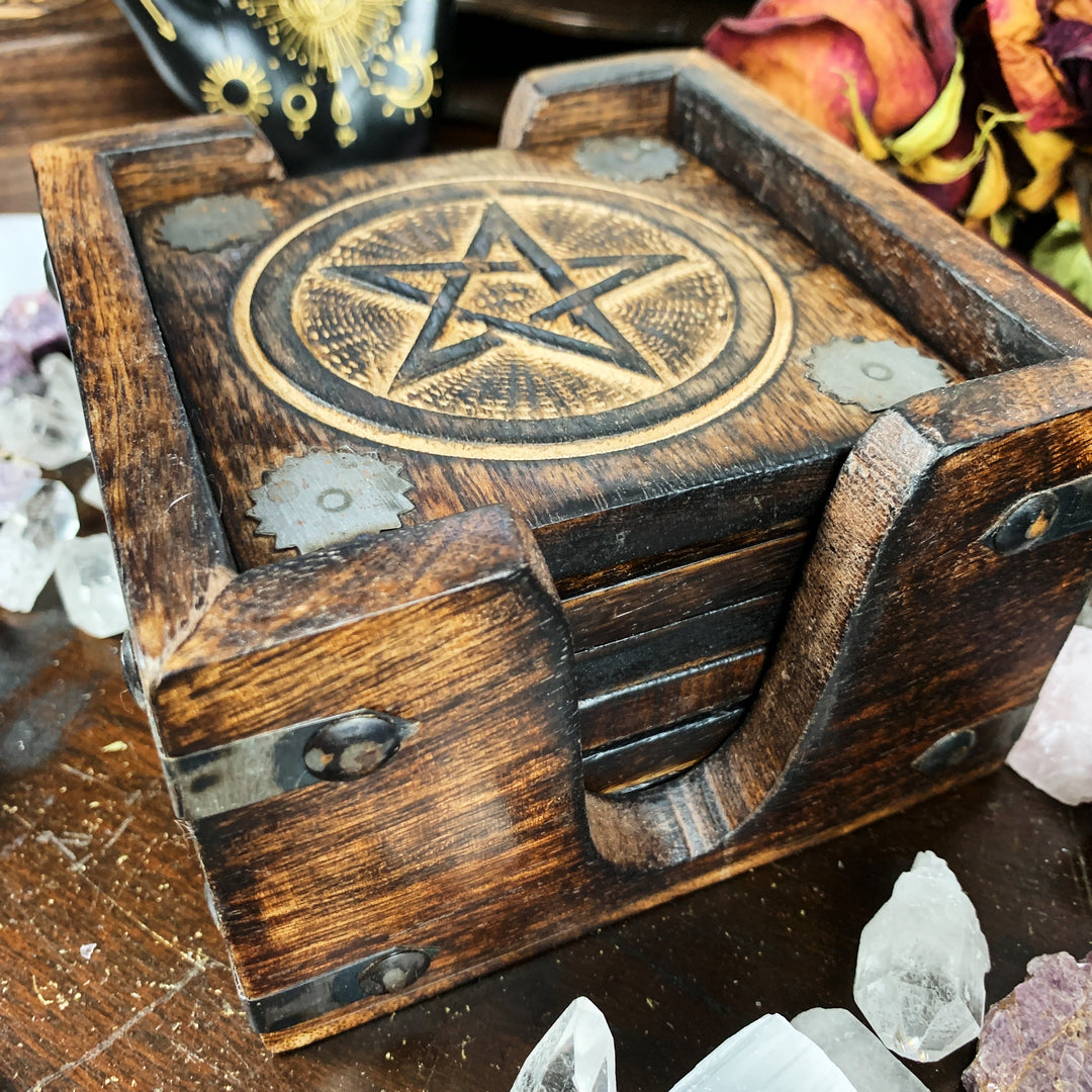 Wood Pentagram Coaster Set